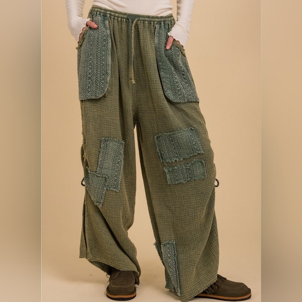 BLUE VELVET GUAZE PATCHED PANTS SM-XL NWT